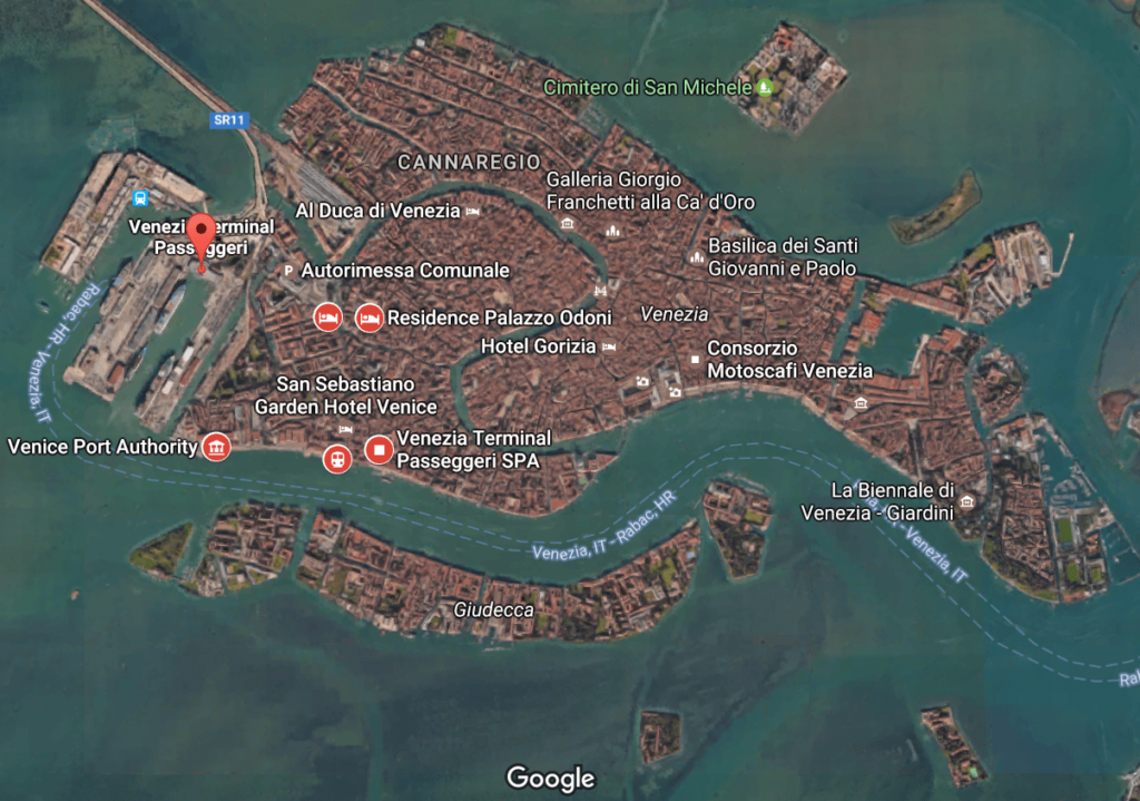 Over the years tens of millions of cruise passengers have disembarked and plunged straight into the heart of Venice. Source: Google Maps