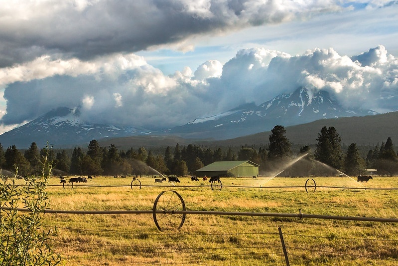 The Three Sisters volcanic peaks loom over a farm near Sisters, Oregon, USA. Image Sheila Sund (CC BY 2.0) via Flickr. https://www.flickr.com/photos/sheila_sund/24748706129