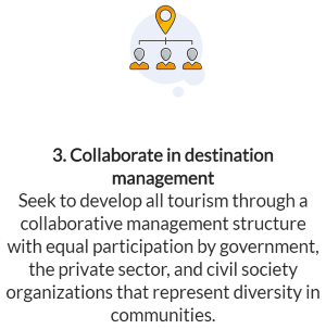 Future of Tourism Coalition guiding principle ...

3. Collaborate in destination management
Seek to develop all tourism through a collaborative management structure with equal participation by government, the private sector, and civil society organizations that represent diversity in communities.