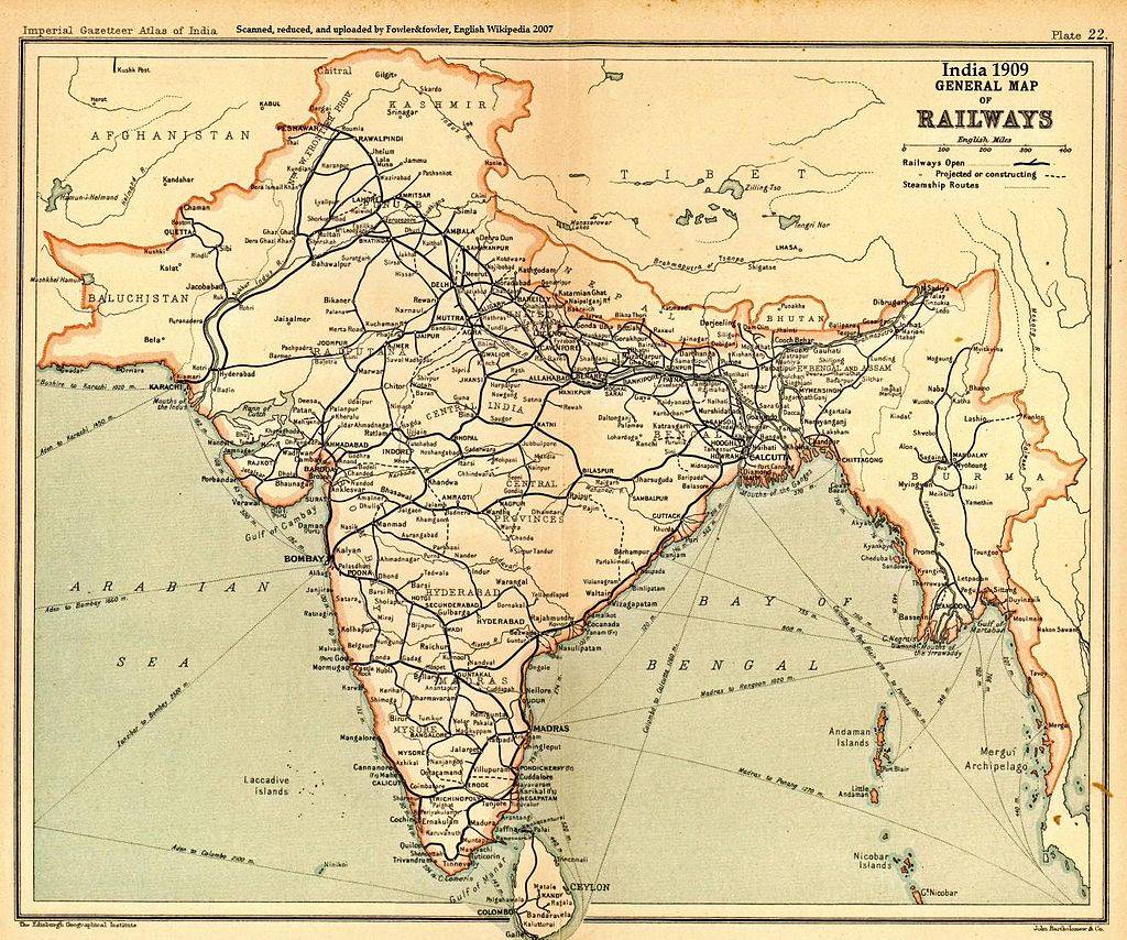 A general map of Indian railways, 1909. John Bartholomew and Company / Edinburgh Geographical Institute / Public domain (CC0) via Wikimedia. https://commons.wikimedia.org/wiki/File:India_railways1909a.jpg