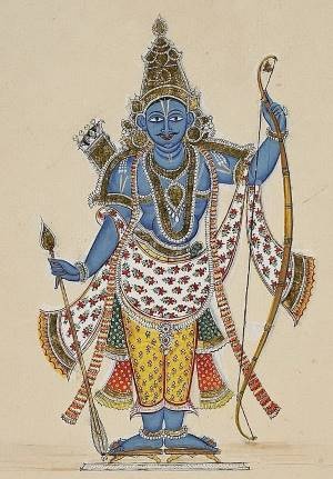 Painting of Rama. He is depicted blue-skinned and carrying a strung bow with a quiver full of arrows on his back and a single arrow in his right hand. On laid and water-marked European paper with a fleur de lys. This is elsewhere in the series dated 1816.