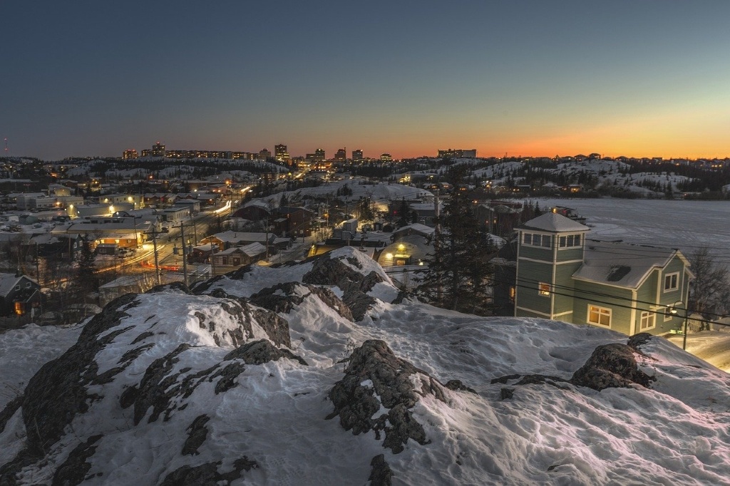 Yellowknife is the capital, only city, and largest community in the Northwest Territories, Canada (Wikipedia). https://en.wikipedia.org/wiki/Yellowknife Image by willamlee (CC0) via Pixabay. https://pixabay.com/photos/yellowknife-pilot-s-monument-sunset-4914710/