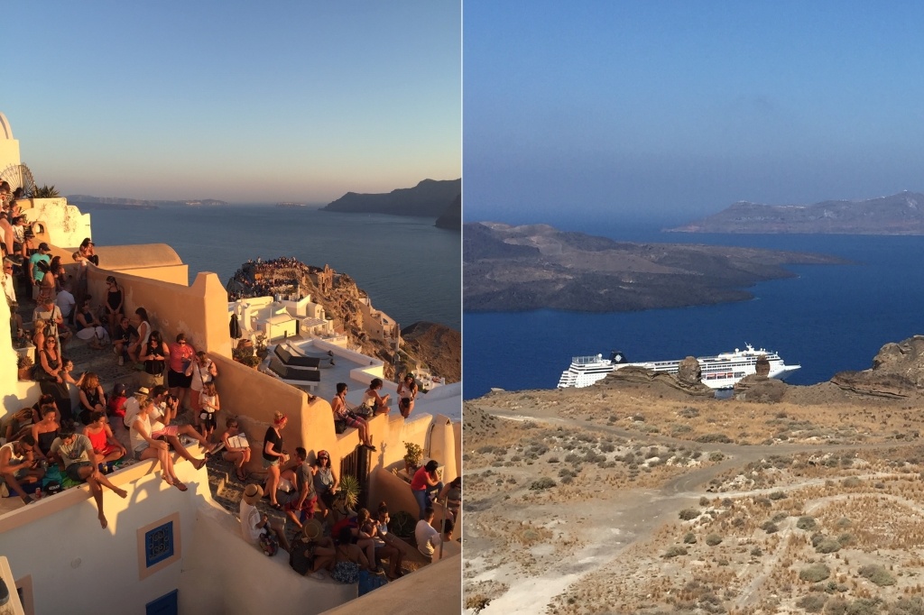 Pre-pandemic vistas in Greece: Tourists enjoy a beautiful Santorini sunset and a ship cruises off the Santorini coast. Images (c) Tazim Jamal.