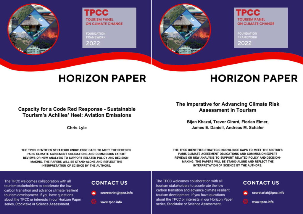 The cover pages for the Tourism Panel on Climate Change (TPCC) first ‘Horizon Papers’