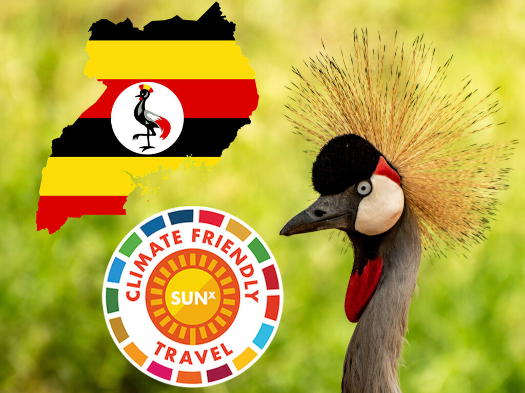 SUNx, el capítulo de CFT Uganda fomenta la acción climática y la adaptación al turismo en Kampala. Imagen de la grulla crestada de Paul (CC0) a través de Pixabay.  Bandera de Uganda en forma de mapa por Gordon Johnson (CC0) a través de Pixabay.  https://pixabay.com/photos/bird-crested-crane-crane-uganda-7718653/ https://pixabay.com/vectors/uganda-flag-map-geography-outline-1758988/